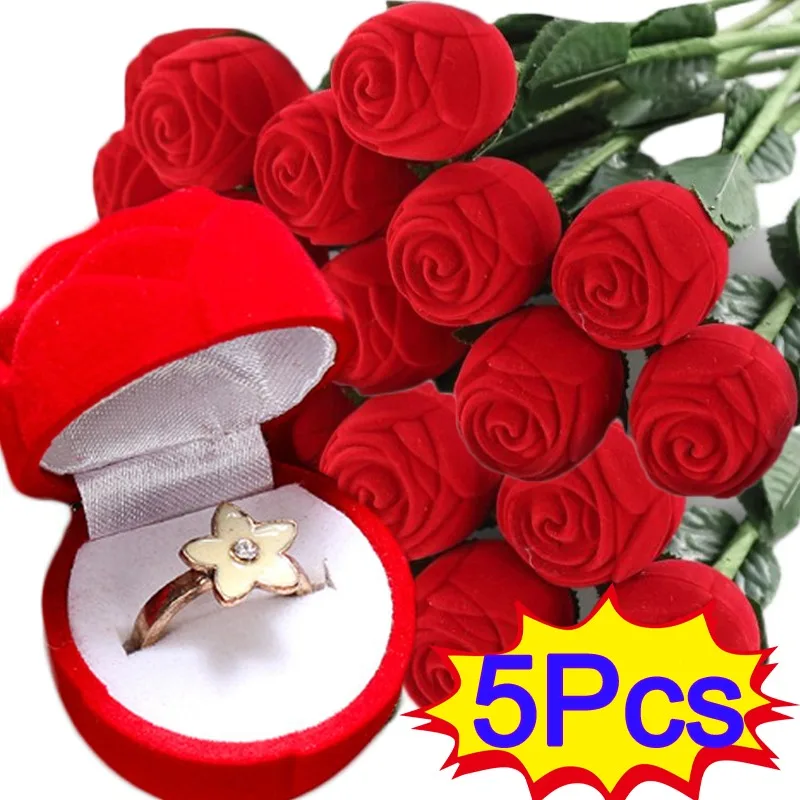

Red Rose Ring Boxes Creative Velvet Flowers Jewelry Display Holder Gift Box Romantic Surprise Proposal Ring Box Storage Case