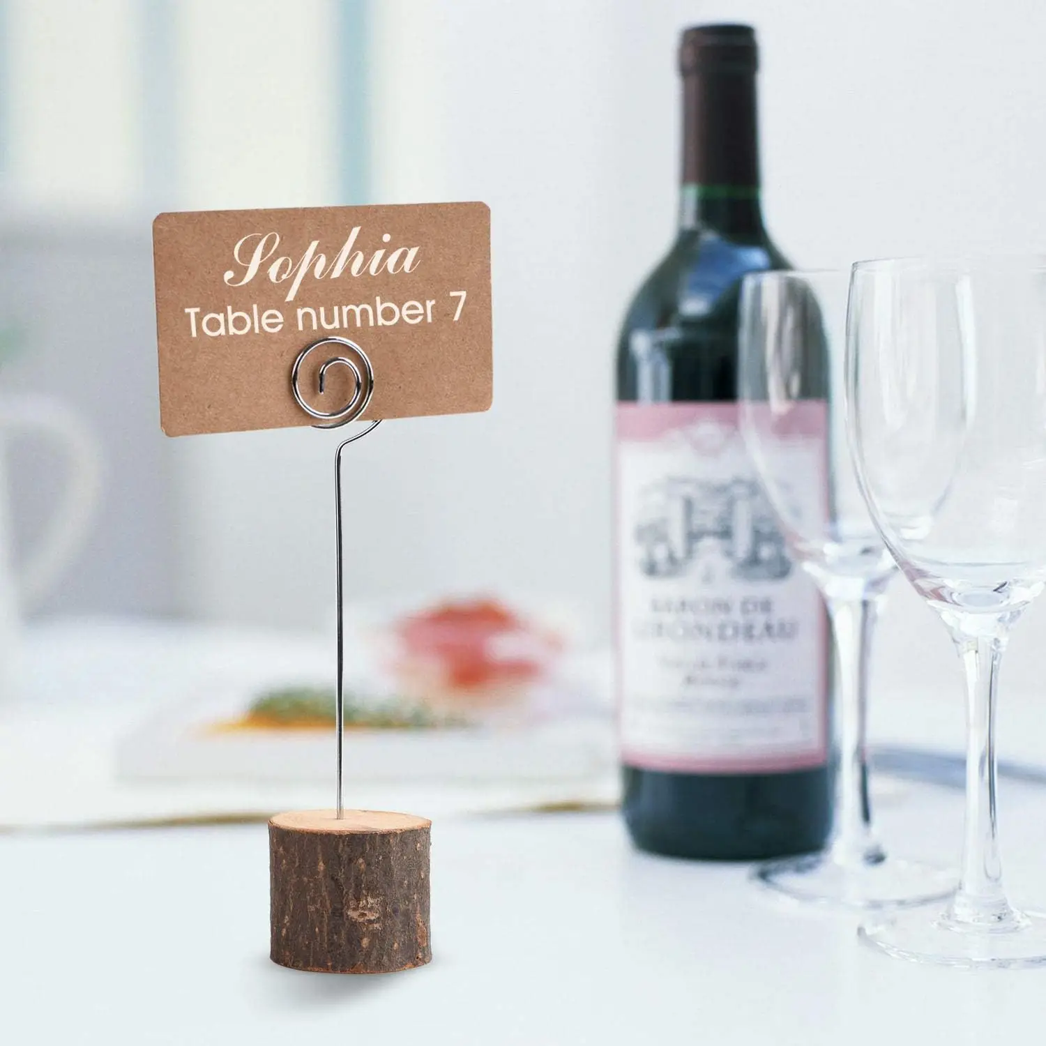 10/20Pcs Wood Place Card Holders with Swirl Wire Rustic Name Cards Photo Holders Wood Table Number Stands for Wedding