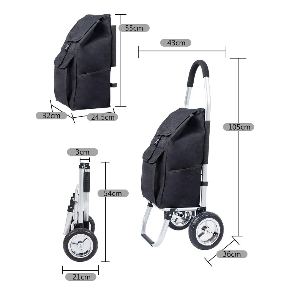 Fold Shopping Cart with Remove Bag and 21 cm Wheels 40 L Capacity Aluminum Alloy Frame