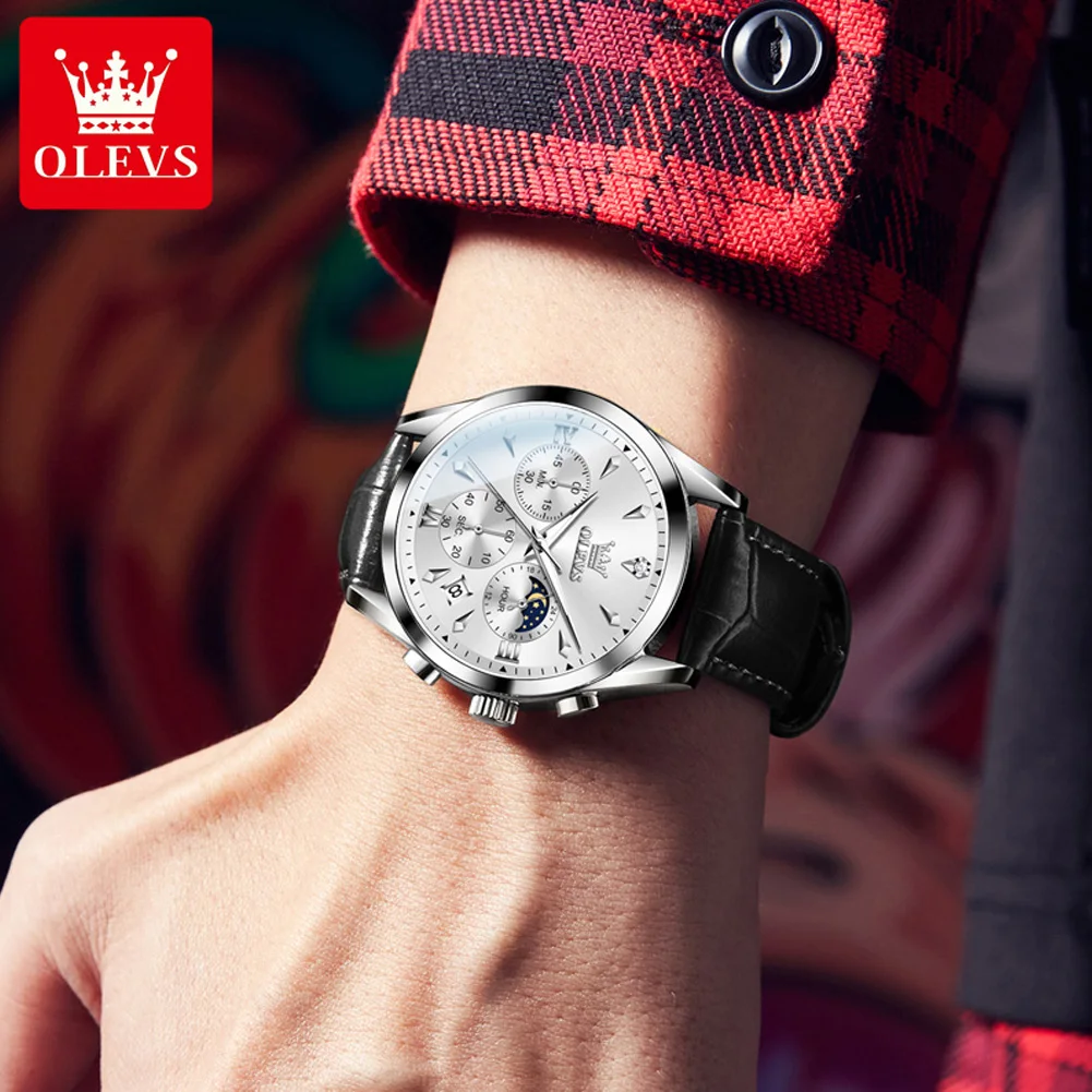 OLEVS 3609 Moon Phase Original Man Wristwatch Chronograph Quartz Watch For Men Waterproof Luminous Luxury Business Watches 2024