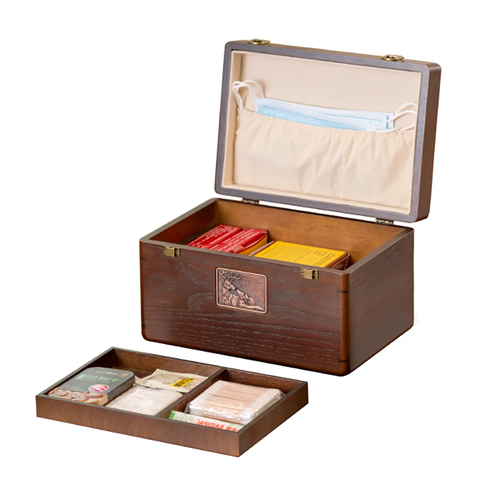Luxury Wood Medicine Box Organizer Double Layer Portable First Aid Kit Pillboxes Large Capacity Storage Box Household Pill Case 6