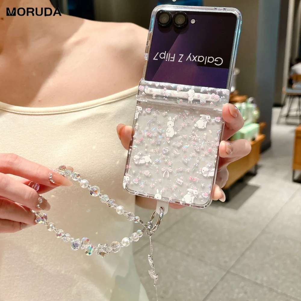 Elegant Floral Wrist Chain Shell Case with Beaded Bracelet - Premium Shockproof Acrylic Cover