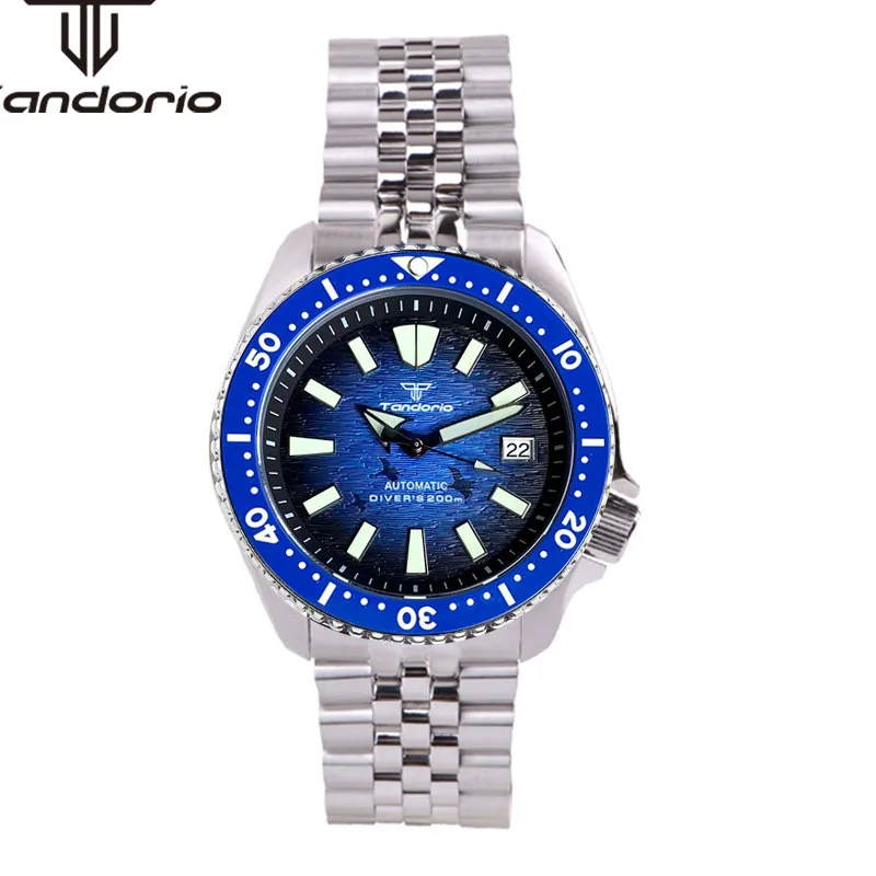 Tandorio NH35A 41mm 200m Automatic Diving Men's Wristwatch Black Blue Dial Luminous Sapphire Glass Date Rubber Steel