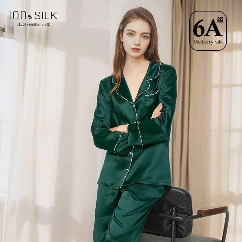 Women's 100% Mulberry Silk Pajama Set - All-Season Luxury Satin Sleepwear with Elegant Rhinestone Trim Soft And Breathable Loung 2