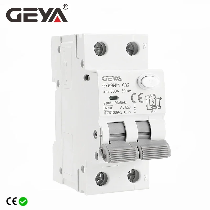 Geya-disjuntor Magnético Gyr9nm tipo ca Rcbo sobre a Corrente e Proteção do Vazamento Trilho do Ruído 2p 4p 10a 16a 25a 32a 40a