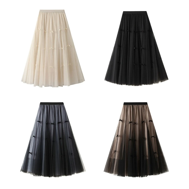 Women Skirt Bowknot Print Skirt Mesh Skirt Female Tulle Skirt A-line High Waist Dropship