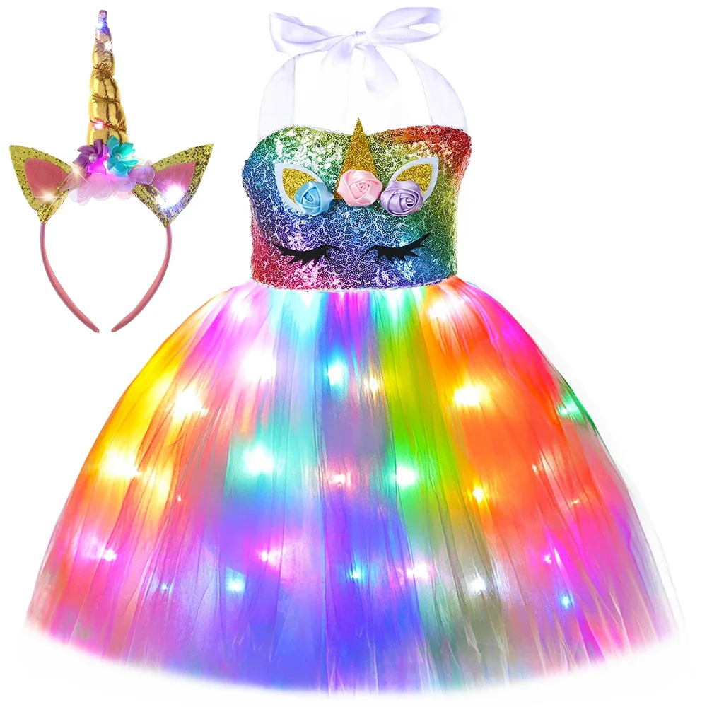 Girls Unicorn Dress LED Light Up Rainbow Sequins Birthday Party Princess Tutu Dress Christmas Halloween Costume Kids Clothes