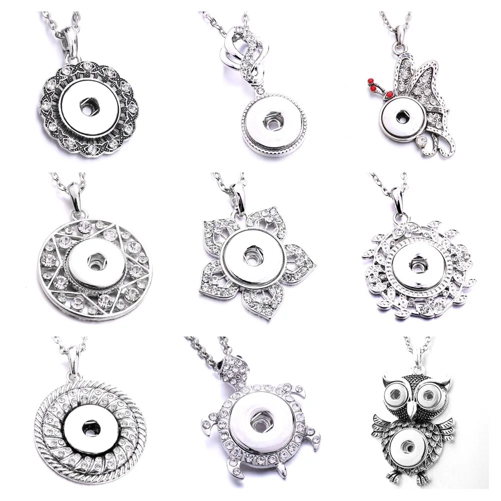 

10pcs New Snap Button Necklace 18mm Metal Snap Buttons Jewelry Rhinestone Flower Owl Snap Pendant Necklace