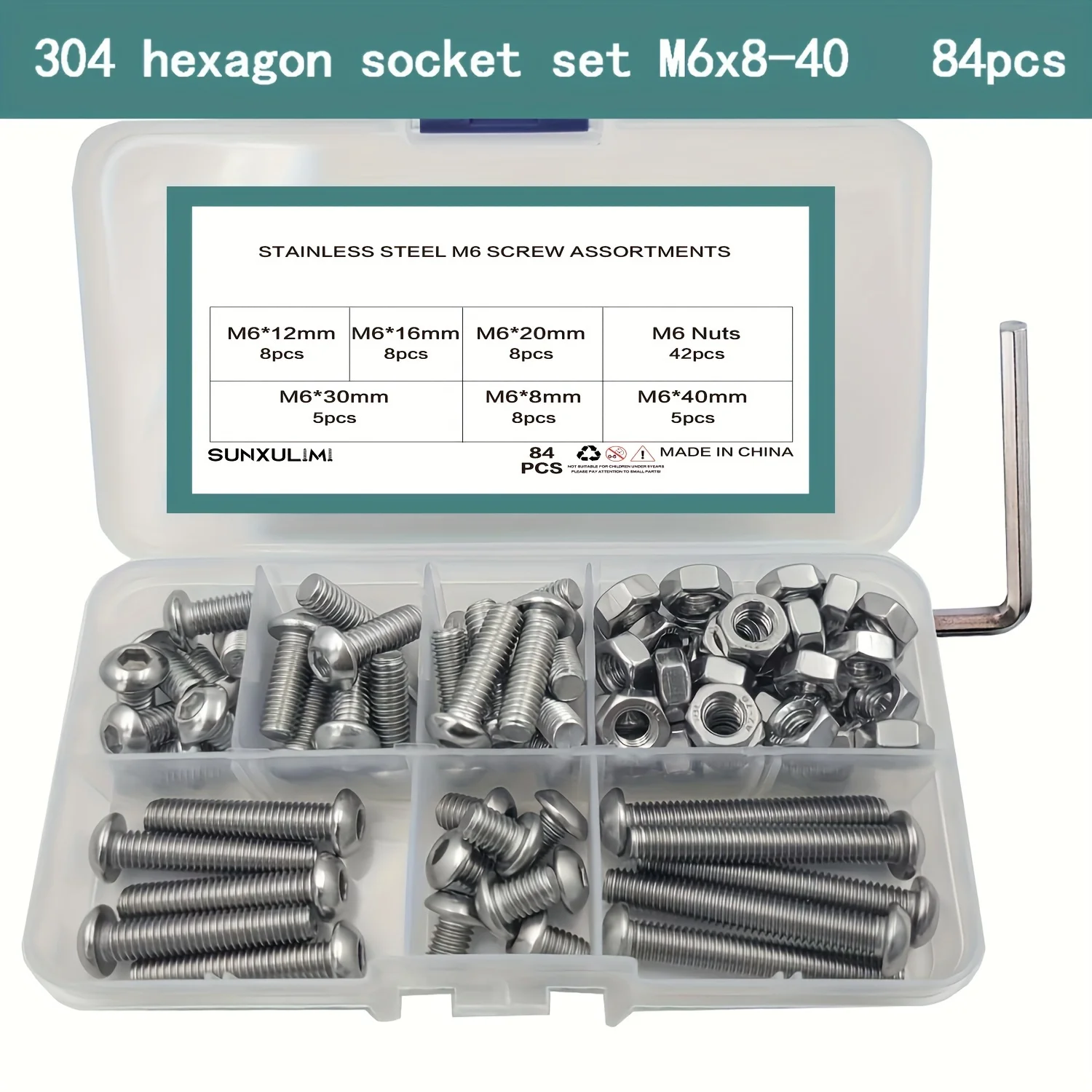 84Pcs M6 x 8mm,12mm,16mm,20mm,30mm,40mm Hex Pan Head Cap Bolts Nuts Screws Assortment Set 304 Stainless Steel Allen Socket
