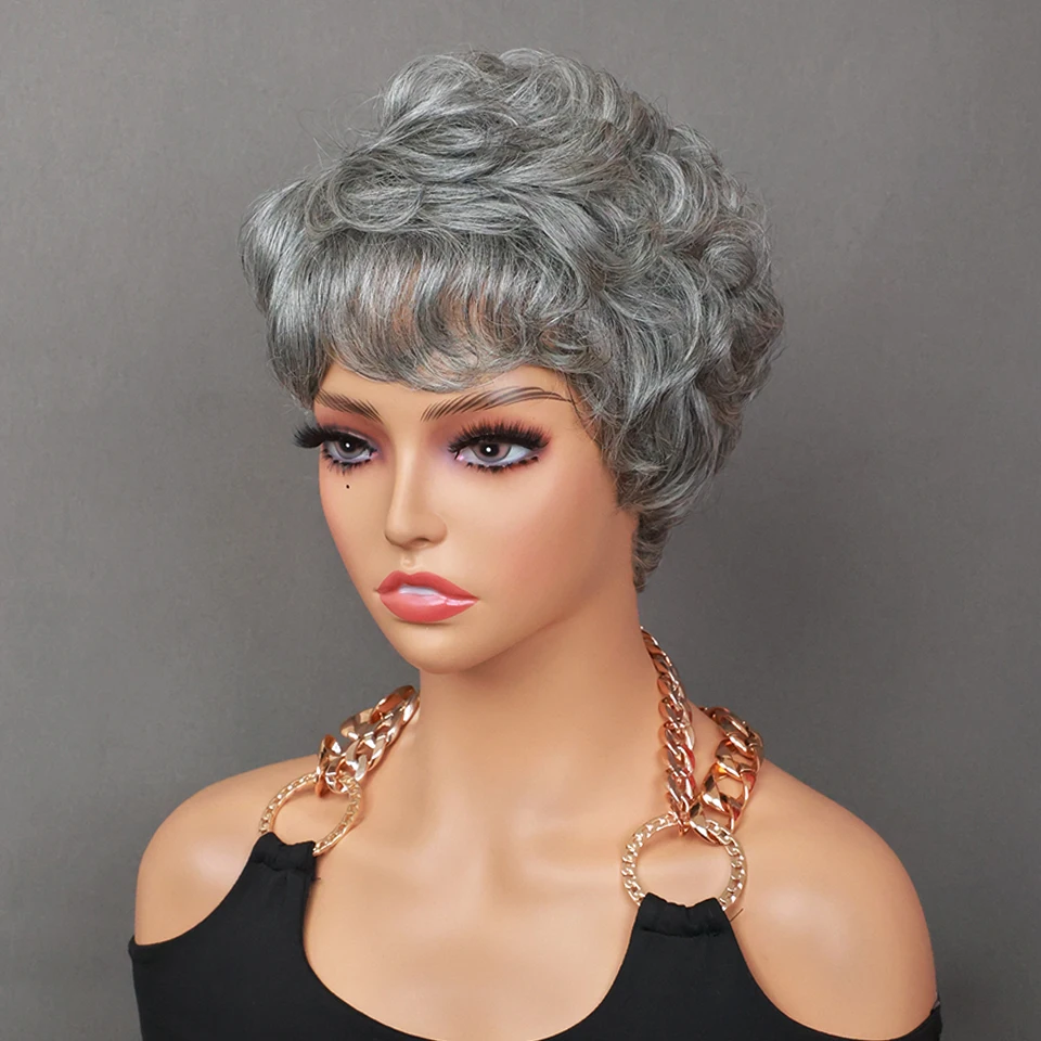 Short Pixie Cut Wig Human Hair Gray Color Natural Wave Hair Wigs With Bangs Glueless Curly Hair Full Machine Wigs Wear and Go