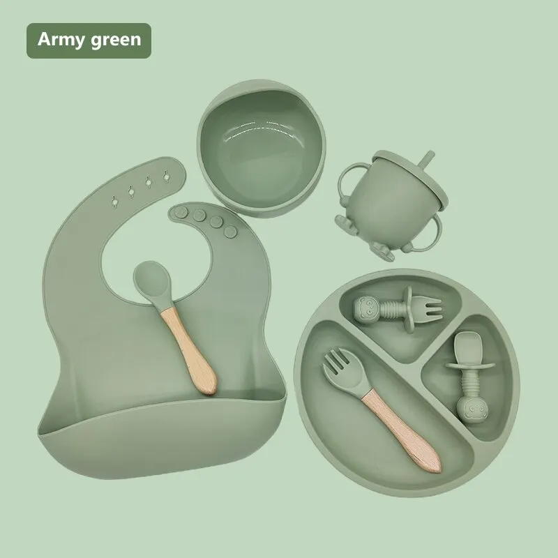 8PCS Kids Feeding Tableware Set Learn to Eat Training Fork Spoon Baby Dinner Plate Bib Complementary Food Suction Cup Bowl Set_voghion.com