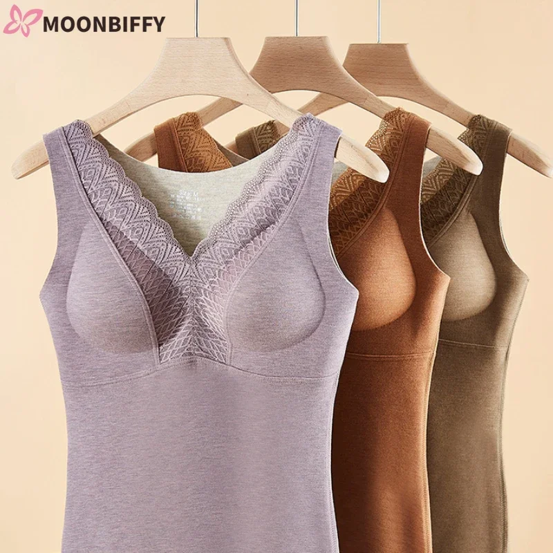

Women Warm Tank Top with Bra Pads Vest Cotton Silk Wool Thermal Underwear Tops Thin Autumn Winter New Comfort Lace Bra