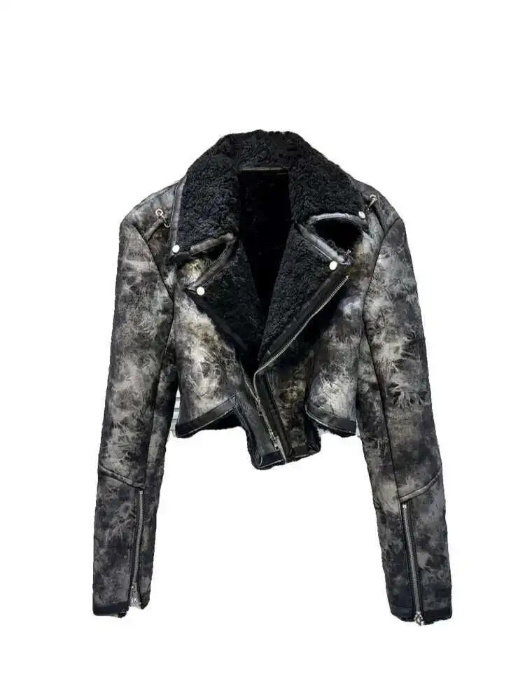 DEAT Vintage Women's Tie Dye Fur Turn-down Collar PU Leather Coat 2024 Winter Fashion Long Sleeves Zipper Jacket Female 11XX6973
