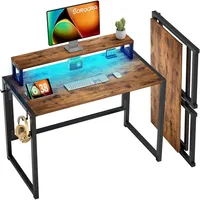 Small Folding Desk 39.4 Inch, Foldable Computer Desks with LED Lights and Monitor Stand, Work Portable Table for Bedroom Home 1