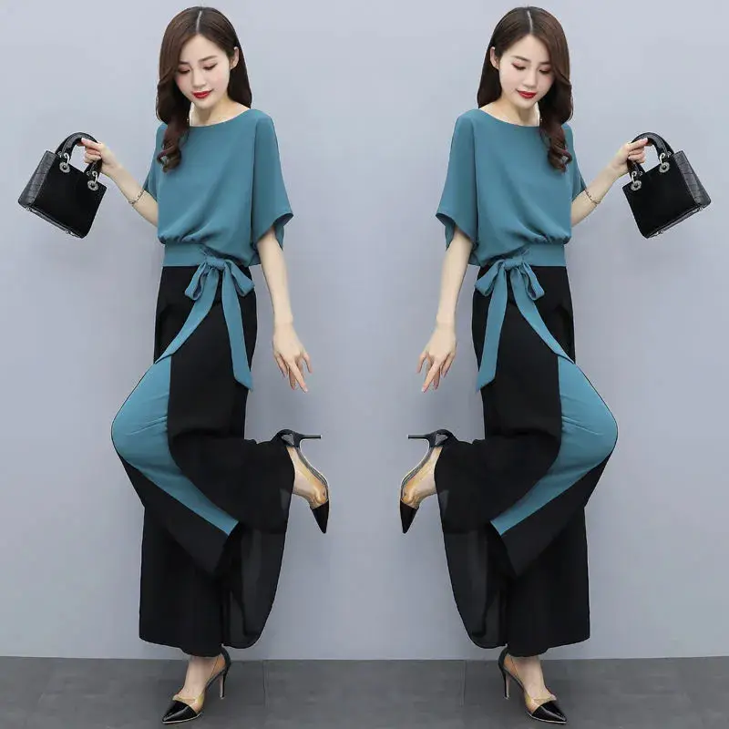 Leisure Wide Leg Pants Set for Women's Summer New Korean Version Fashionable Slim Fit and Age Reducing Two-piece Set