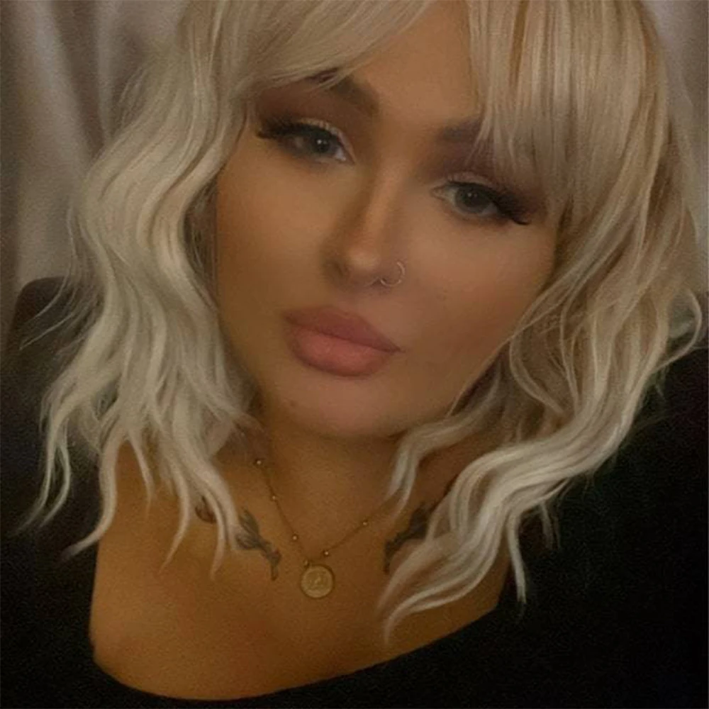 Lace Frontal Wig Bob Wig Ash Blonde Brown Balayage Highlights Streaks 14 Inch Bob Wig Wavy Lace Front Fringe Bangs Womens Wig Eye Catching Short