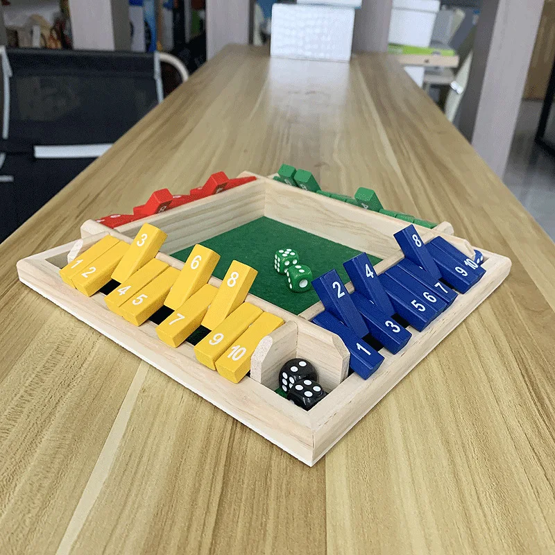 Four Sided 10 Numbers Shut The Box Board Game Wooden Flaps & Dice Set Deluxe Party Club Games for Adults Families |