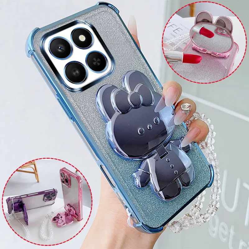 Luxury Shockproof Phone Case with Cute Rabbit Makeup Swivel Stand & Crystal Lanyard