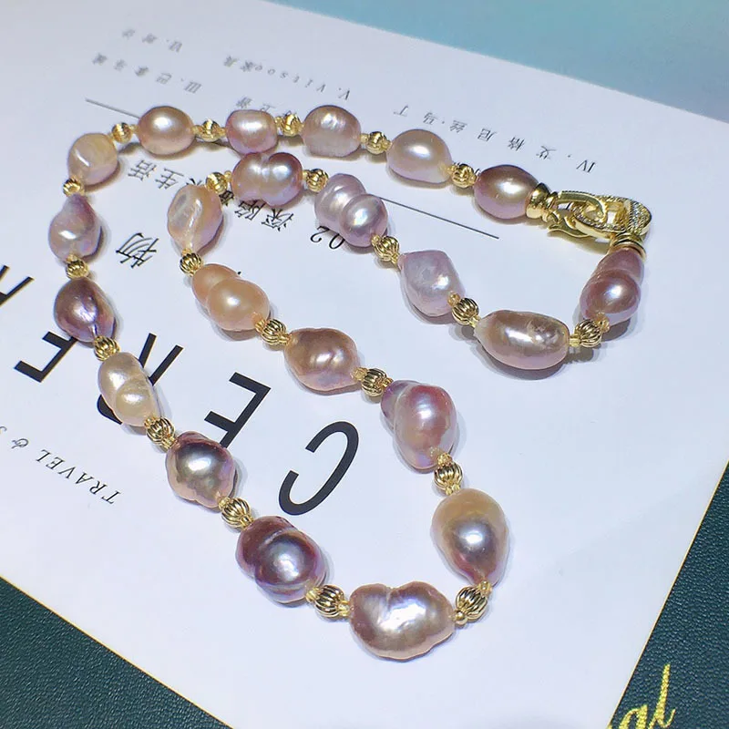 Natural 10-11mm pink purple Freshwater Pearl Necklace Women's Versatile Baroque Bracelet Set Purple Large Particles with Shape