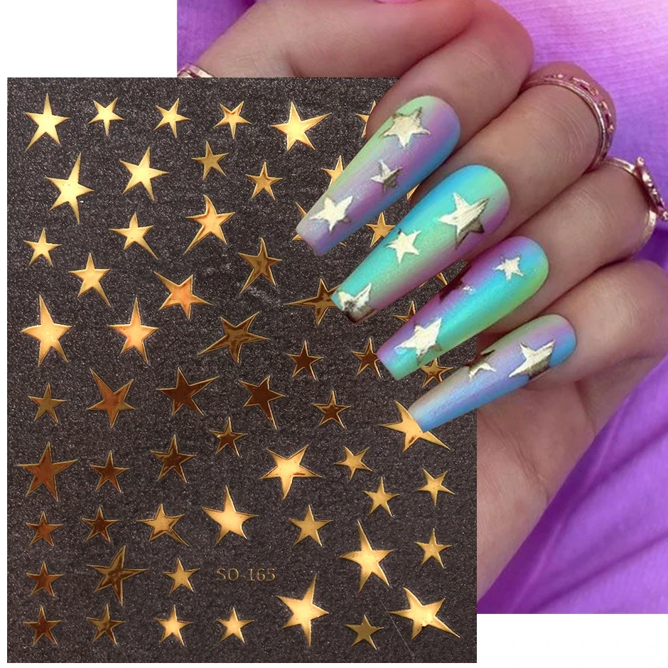 1pcs Magical Pink White Star Nail Stickers 3D Metal y2k Nails Metal Silver Gold Nail Charms Sliders Manicure Accessories 2