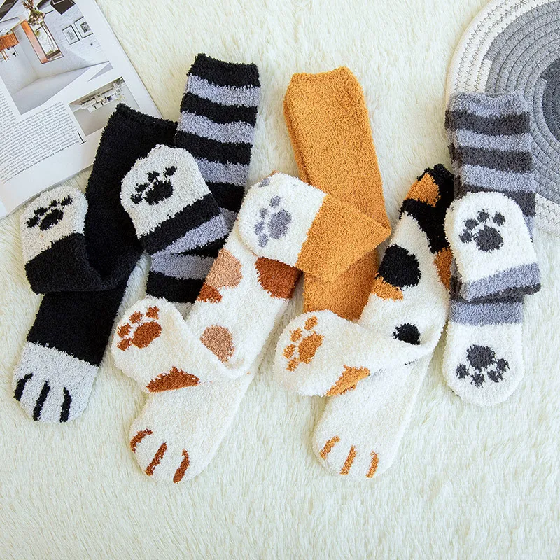 

Winter Warm Cat Paw Socks Women Girl Cartoon Sleeping Home Floor Sock Thick Fuzzy Fluffy Cute Animal Paw Socks Funny