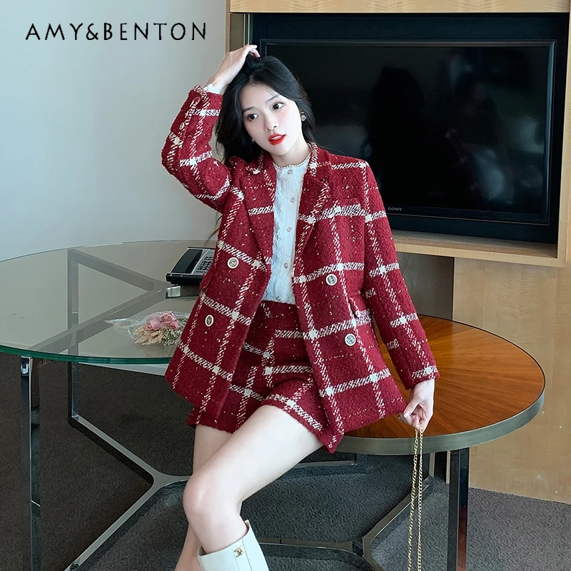 

Elegant Social Socialite Tweed Plaid Coat Short Sets Women 2023 Winter New Fashion Loose Slim OL Two Piece Sets Womens Outifits