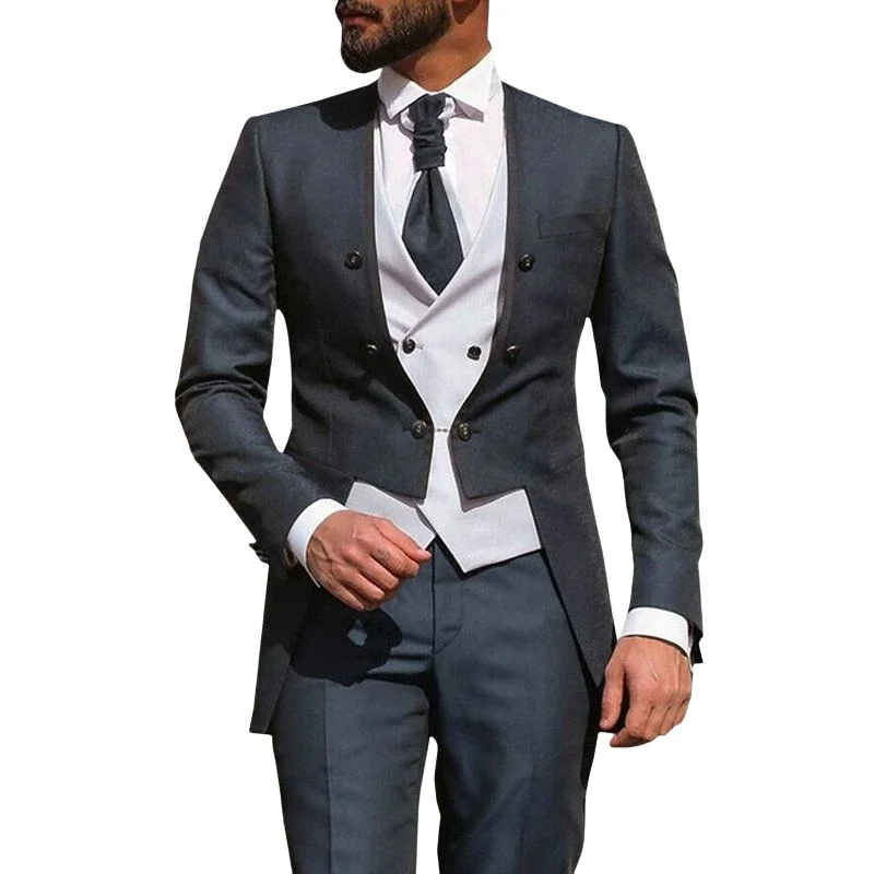 Grey Men Suits Slim Fit 3 Piece Costume Homme Tuxedo Groom Style Suit Prom Party Blazer Terno Jacket+Pant+Vest