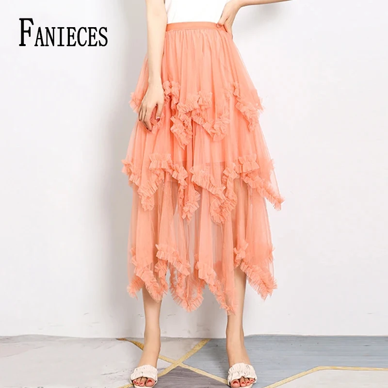 FANIECES Fluffy Ball Gown Party Long Tulle Skirt Women Aesthetic Irregular Mesh Cascade Tutu Skirts Fashion Faldas saia tule girls sandals 2023 kids fashion summer new princess korean version mesh open toe non slip children dress shoes for party wedding