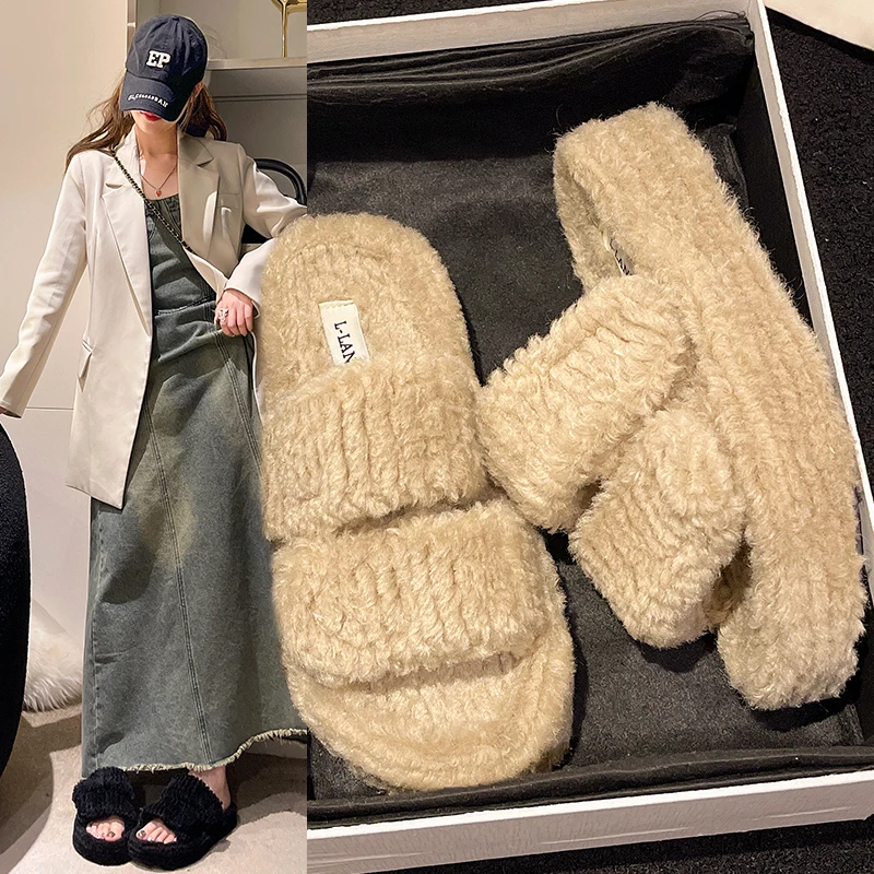 Winter Plus Size Warm Slippers Women Fashion Fluffy Fur Home Slides Platform Flat Indoor Floor Flip Flops Ladies Shoes