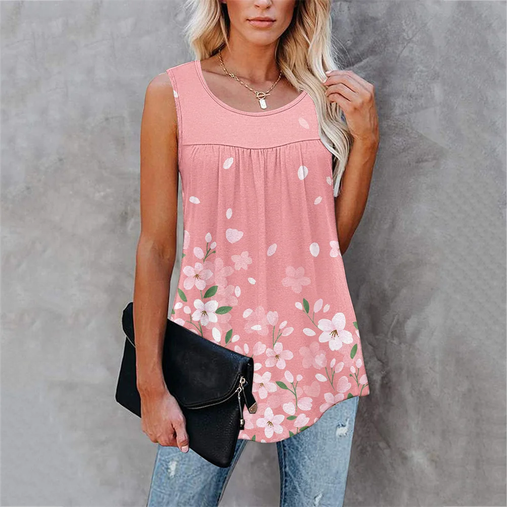 Large Size Floral Print Women T Shirt 2022 Summer Sexy Tank Top Sleeveless Loose Casual Pleated Female Vest T Shirt