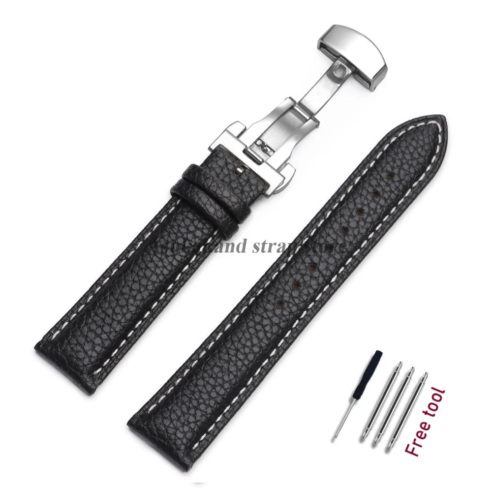 Premium Calfskin Litchi Leather Watch Strap with Butterfly Buckle