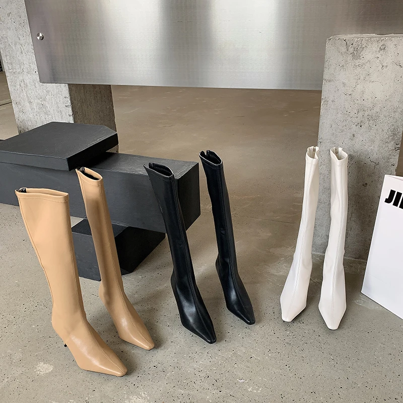 Black Beige White Women Knee High Boots Autumn/Winter Stretch Booties Back Zipper Thin High Heels Elegant Dress Shoes Party