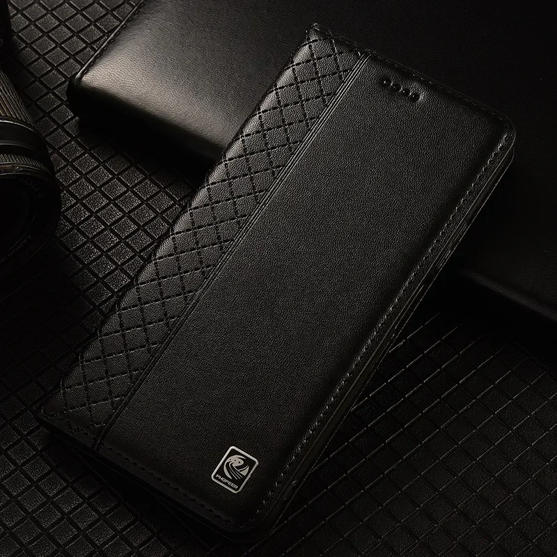 Luxury Cowhide Genuine Leather Wallet Flip Case with Napa Grid Magnetic Cover