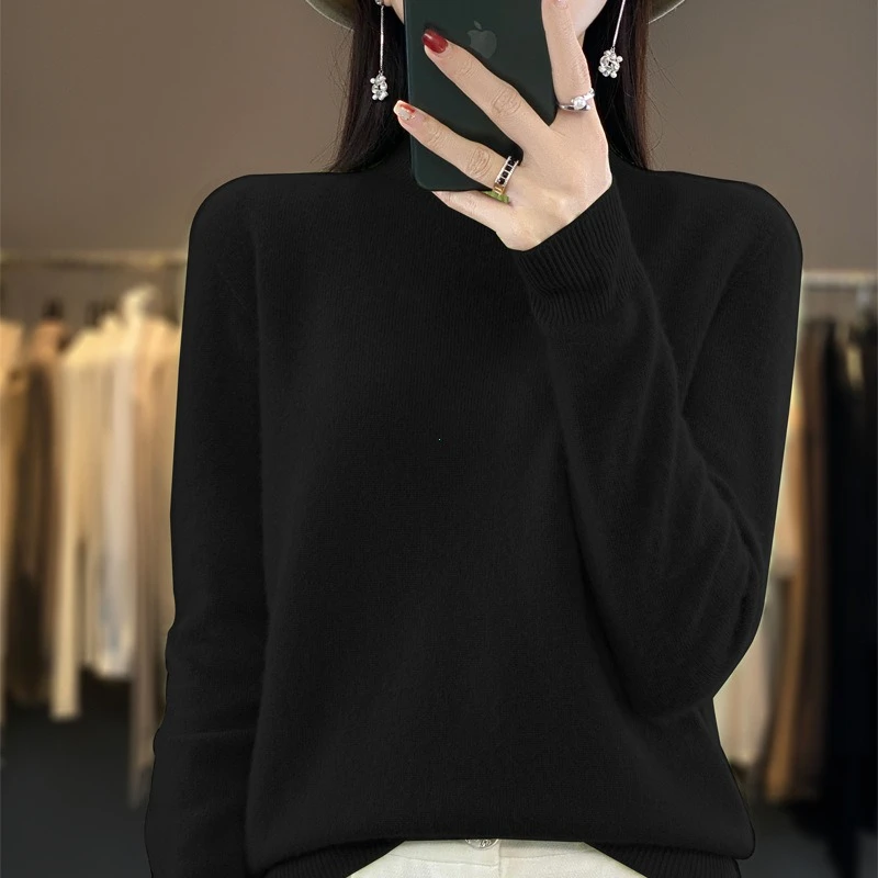 100% Merino Wool Sweater Women O-neck Cashmere Knitwear Female Pullover Autumn Winter Casual Tops Solid Color Soft  Clothing