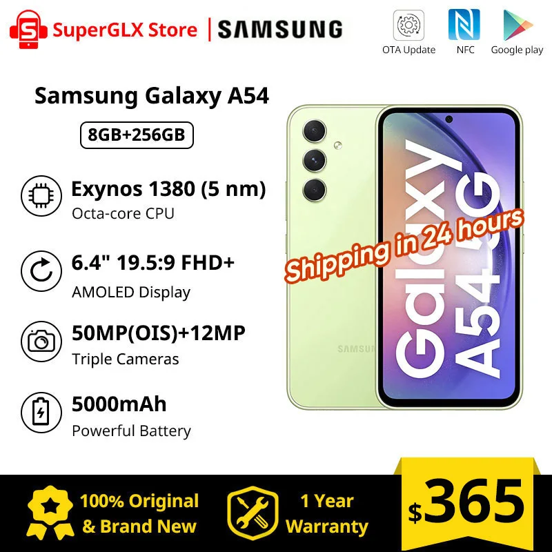 

Samsung Galaxy A54 5G Smartphone 8GB 256GB Exynos 1380 6.4" Super AMOLED FHD+ Screen Triple 50MP Camera Samsung A54 Mobile Phone