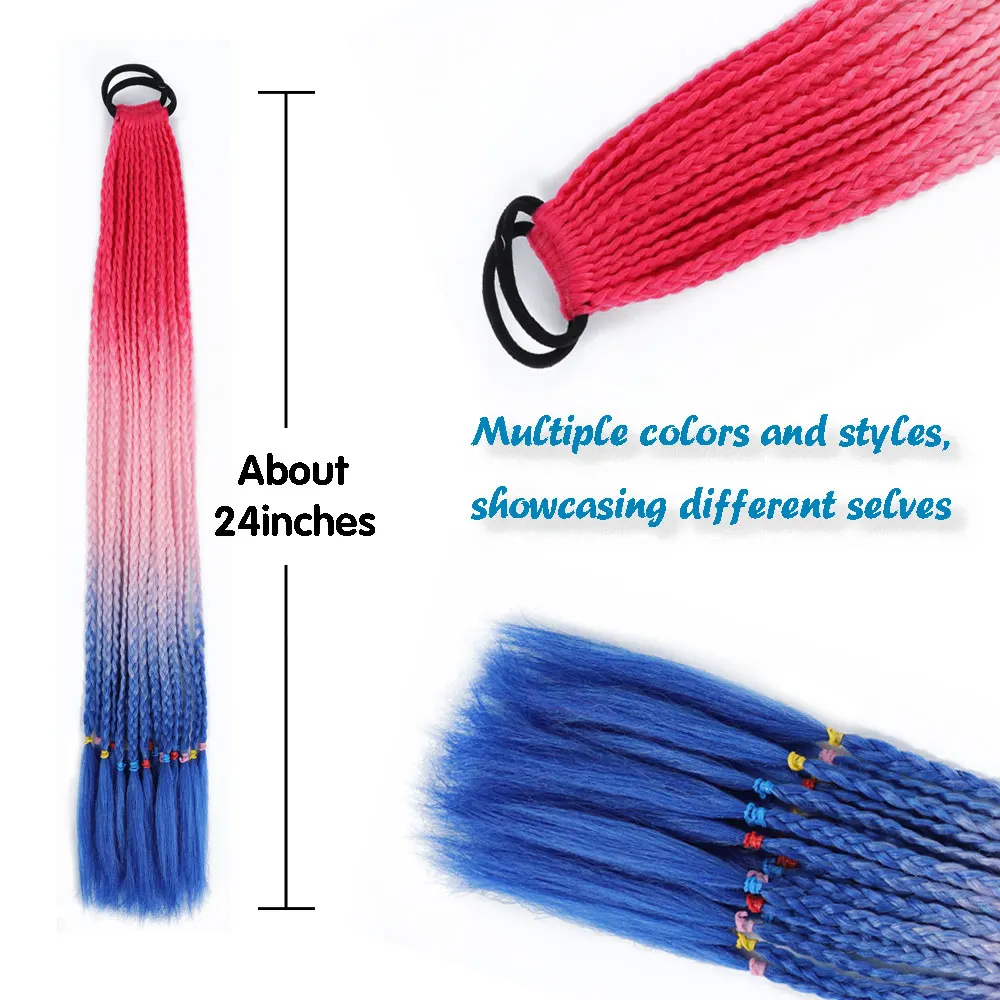 AZQUEEN Synthetic Colored Braided Ponytail Hair Extension Rainbow Color Braids Pony Tail With Elastic Band Girl\'s Pigtail