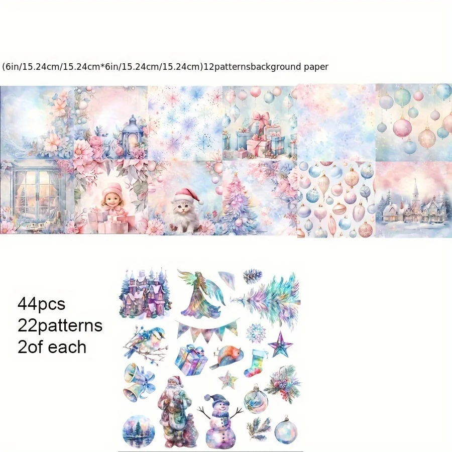 Stickers Scrapbooking Supplies Scrapbooking Paper 56pcs Background Paper and Sticker Rainbow Color Christmas With Tree Ornement For Scrapbooking Paper Craft Junk Journal