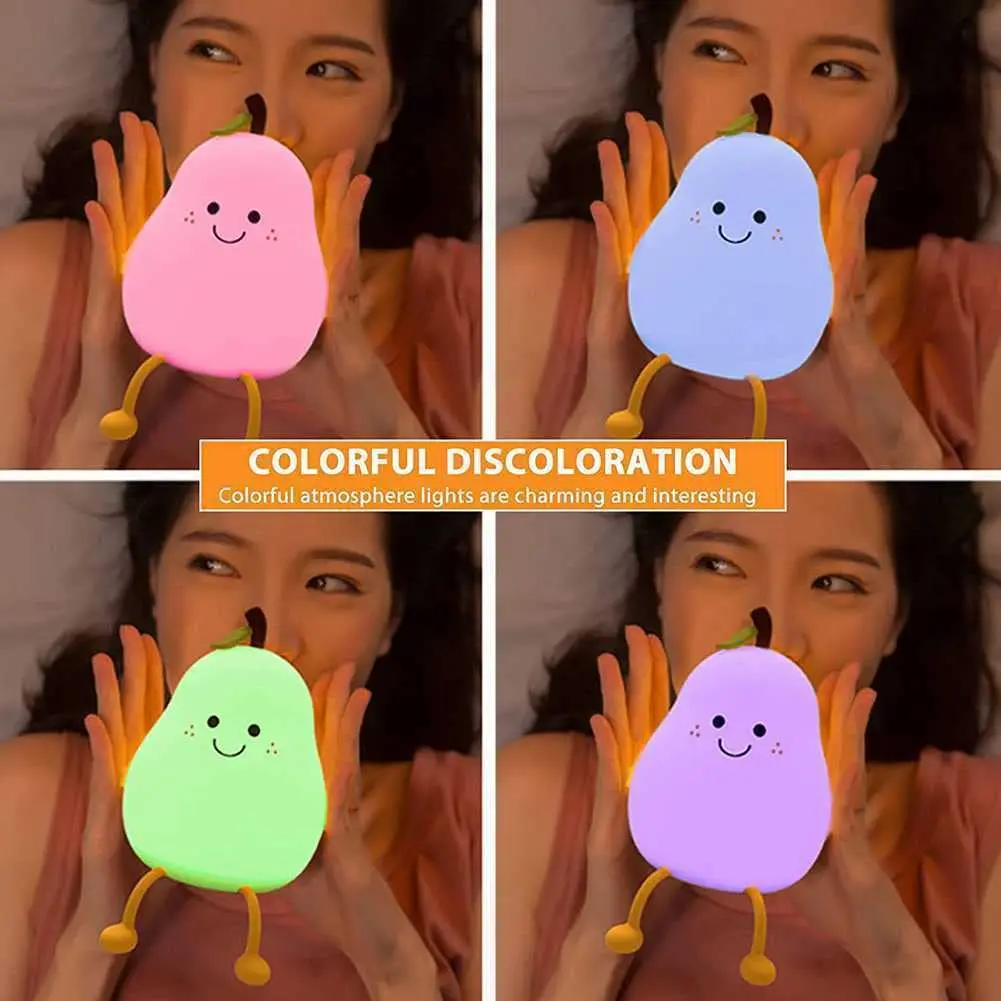 Night Lights for Kids Pear Shaped Cute Silicone Nightlight 7 Colors Dimmable Night Lamp USB Charging for Bedroom Bedside Room 6