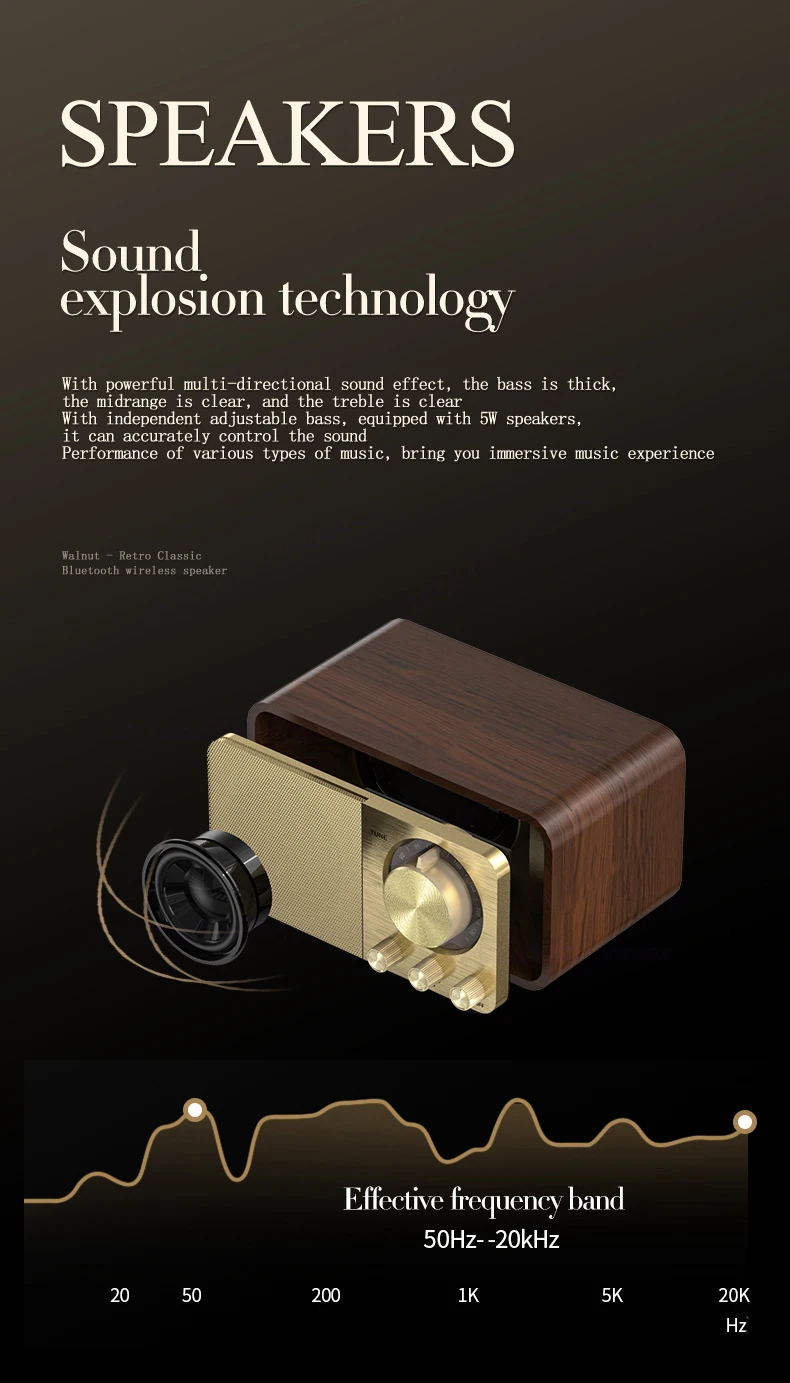 Portable BT 5.0 Super Powerful Retro Bluetooth Speaker Wooden Strong Bass with 1