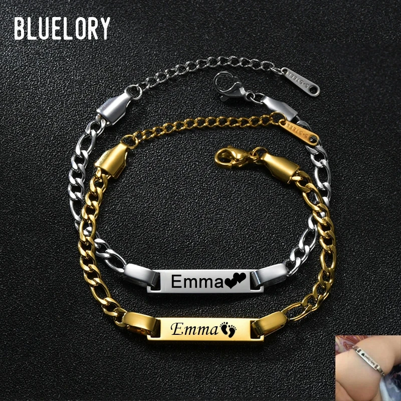 

Bluelory Personalized Stainless Steel Engraved Name ID Bar Baby Bracelet For Girls Boys Custom Children Jewelry Birthday Gifts