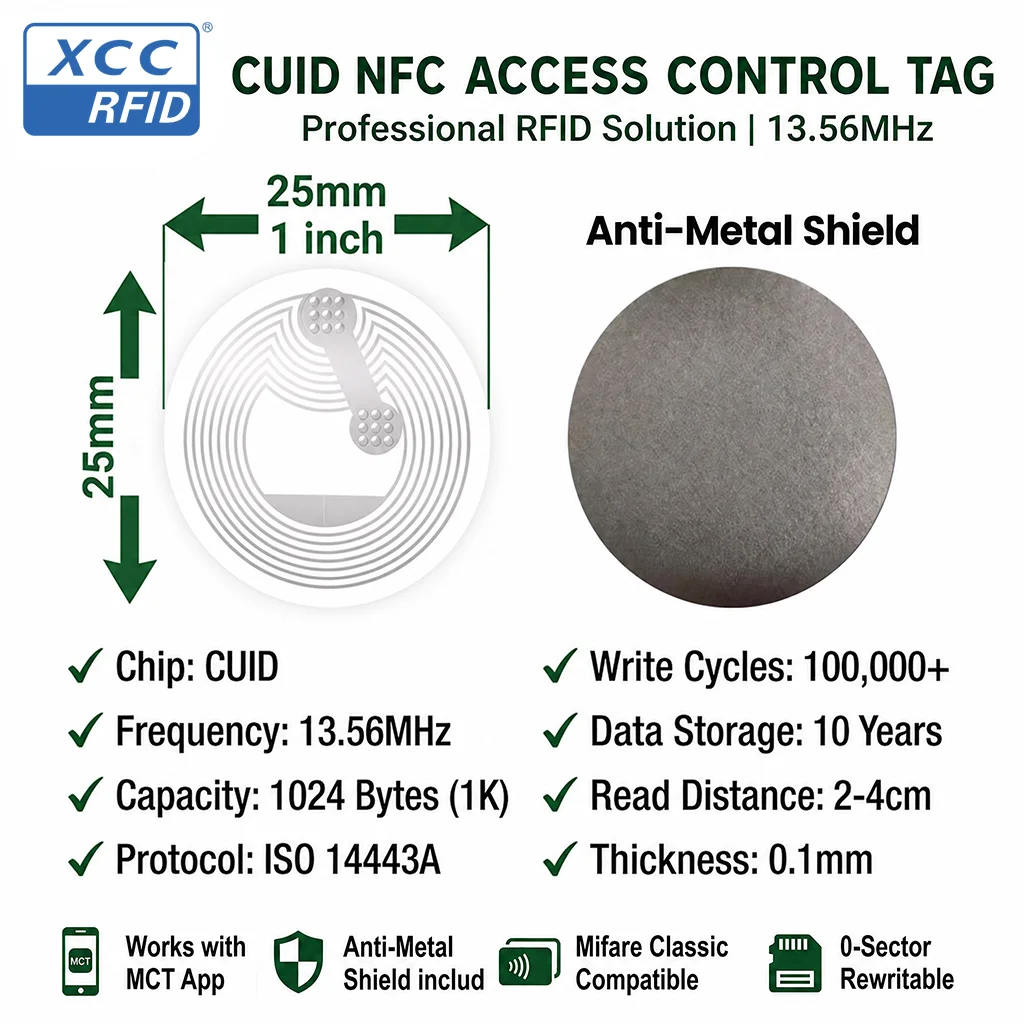 안티메탈 25mm CUID 재기록 가능 RFID 스티커 수정 가능 블록0 UID 1K 13.56MHz M1 NFC 태그 (액세스 및 엘리베이터 카드 복제용)