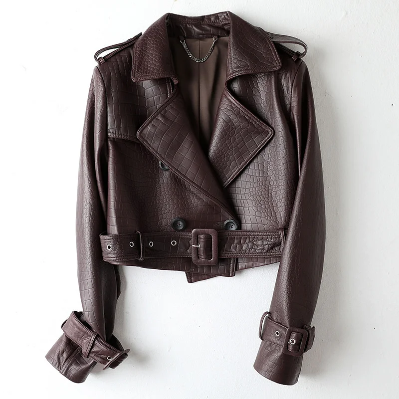 

2024Genuine leather jacket autumn/winter new lapel embossed sheepskin short waistband long sleeved motorcycle jacket for women