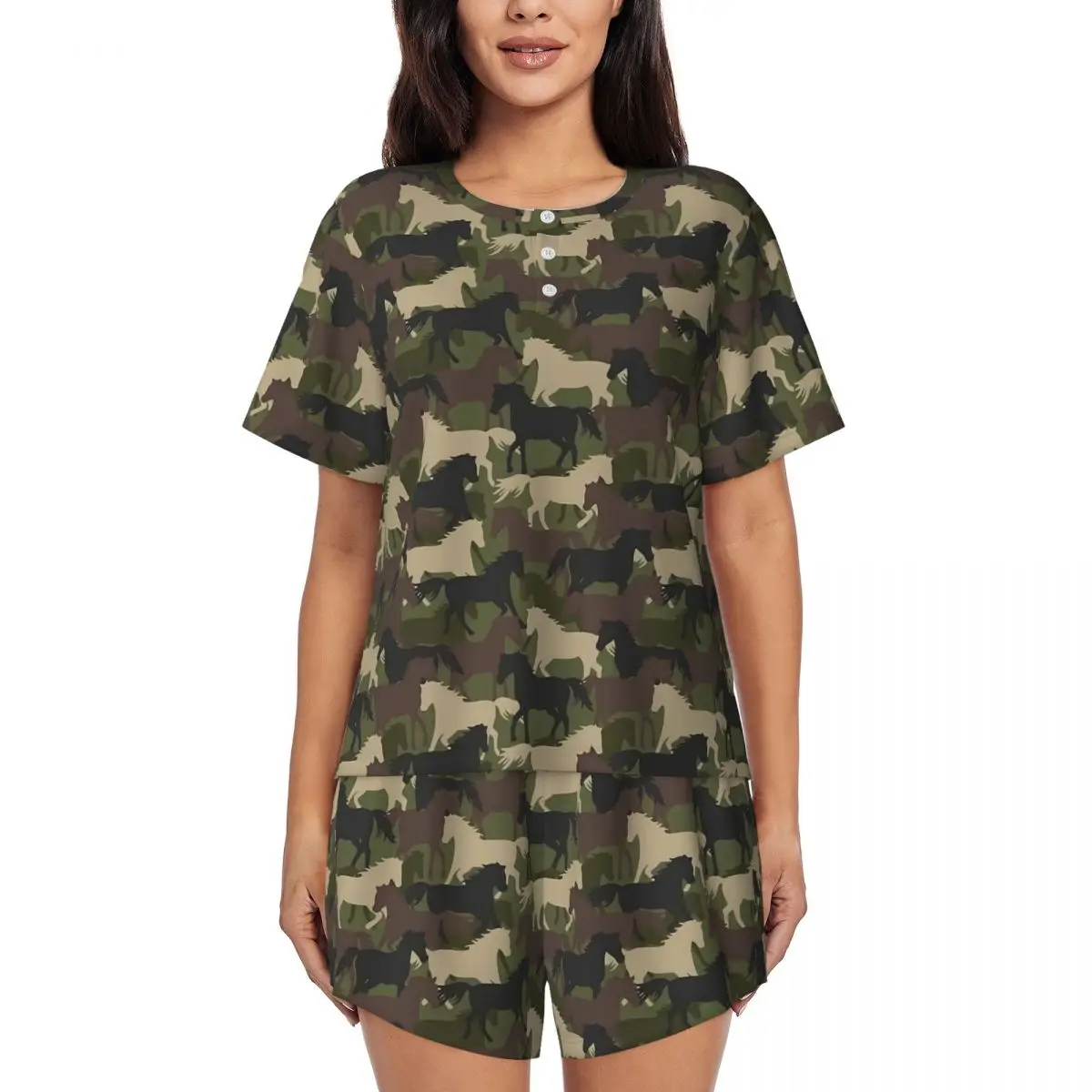 Pyjama 2 Pièces Femme Imprimé Chevaux - 95% Polyester 5% élasthanne, Taille S à 4XL, été