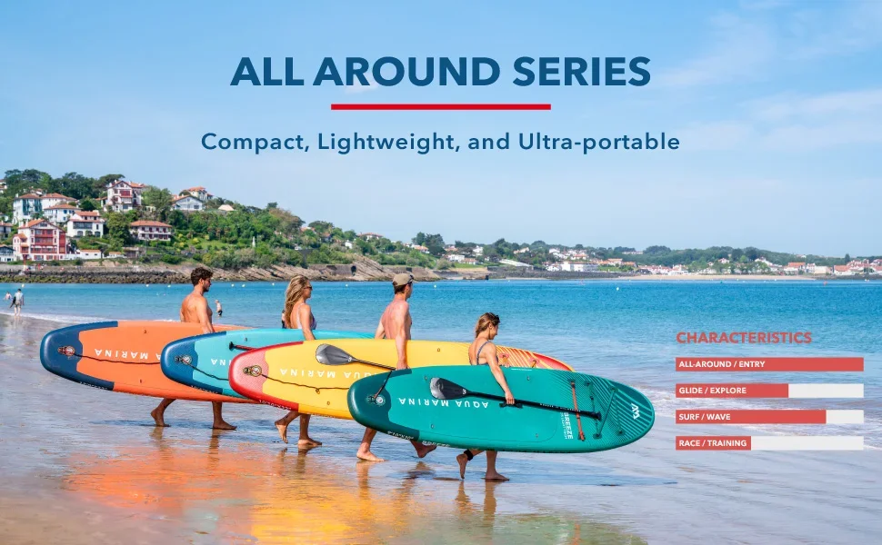 4 People carrying inflatable paddleboards. showcasing our ALL-AROUND series