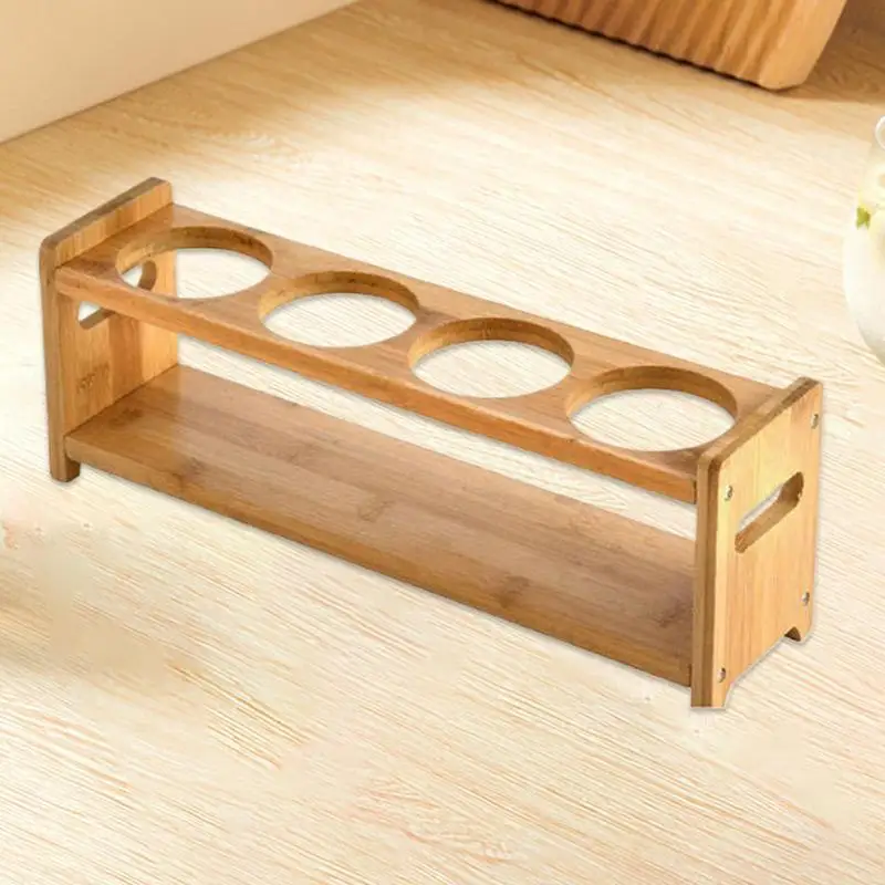 Seasoning Rack For Countertop Double-Layered Tray Holder Wine Glass Wooden Organizer Rack 4 Holes Seasoning Storage Rack Shelf
