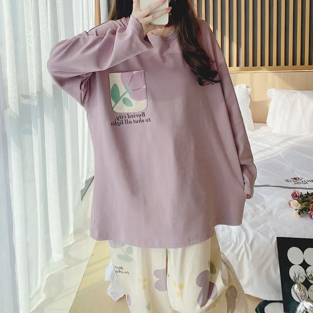 Long-Sleeved Women's Two-Piece Pajamas Loose Fit Cotton Material Pajama Suit Soft Fabric Large Size Homewear Suit Maternity Use
