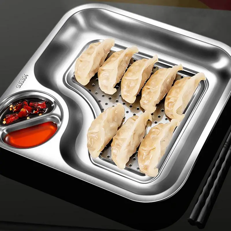 

Stainless Steel Square Serving Plate Indian Compartment Section Food Serving Platters And Trays Double Layer serve platter