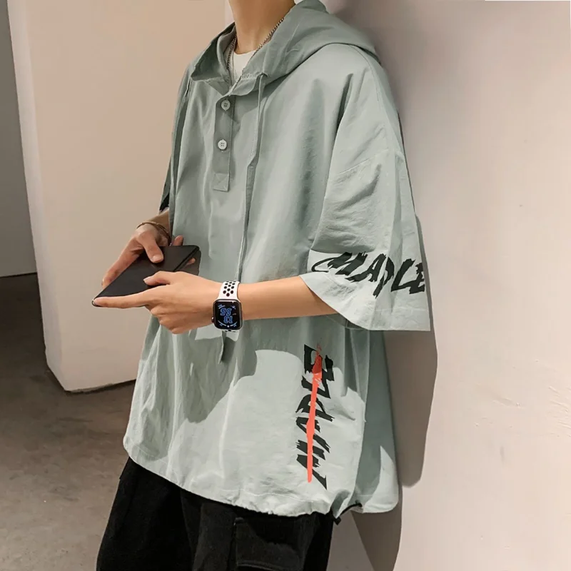 

summer men's clothing short Sleeve Hooded loose oversized Solid Color fashion Printed Spliced button casual 3/4 Sleeve T-shirt
