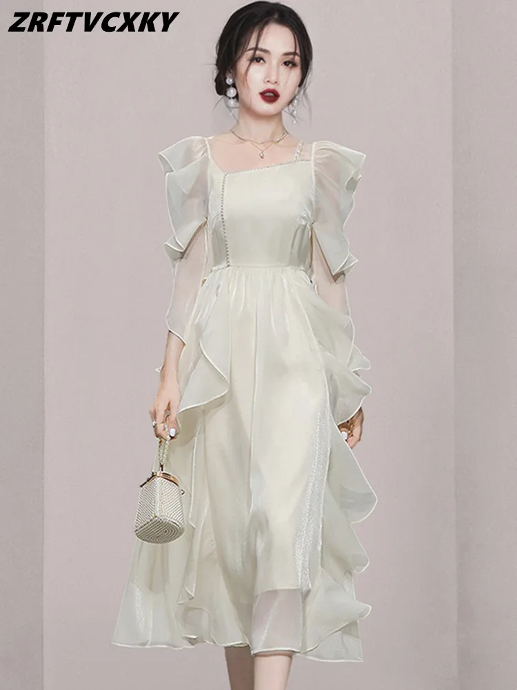 

Temperament Elegant Women Ruffles Dresses 2022 Summer Vintage Fashion Beaded High Waist Casual Fairy Chiffon Party Midi Dress