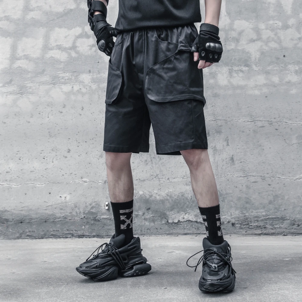 AOGZ Hip Hop Cargo Short Pants Men Streetwear Harajuku Pockets Knee Length Pants Trousers Loose Casual Shorts Elastic Waist